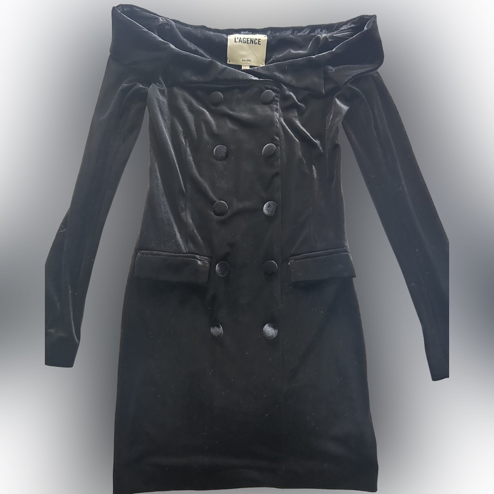 L'AGENCE NWT Black Velvet Double-Breasted Blazer Cocktail Dress Sz 0 - Picture 2 of 10